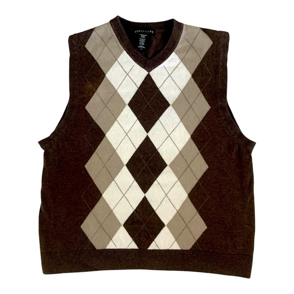 Vintage Structure Academia Brown Diamonds Argyle Sleeveless Grandpa Sweater Vest - Picture 1 of 7